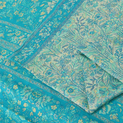 Sanskriti Vintage Sarees Blue/Sea-Green Pure Silk Printed Sari 6yd Craft Fabric