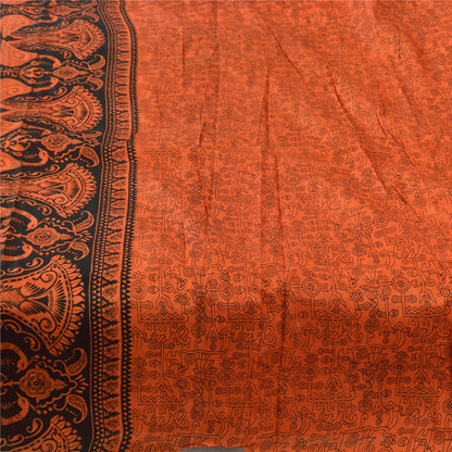 Sanskriti Vintage Sarees Orange Peacock Pure Silk Printed Sari 5yd Craft Fabric