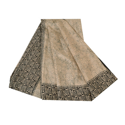 Sanskriti Vintage Sarees Indian Cream Pure Silk Printed Sari 6yd Craft Fabric