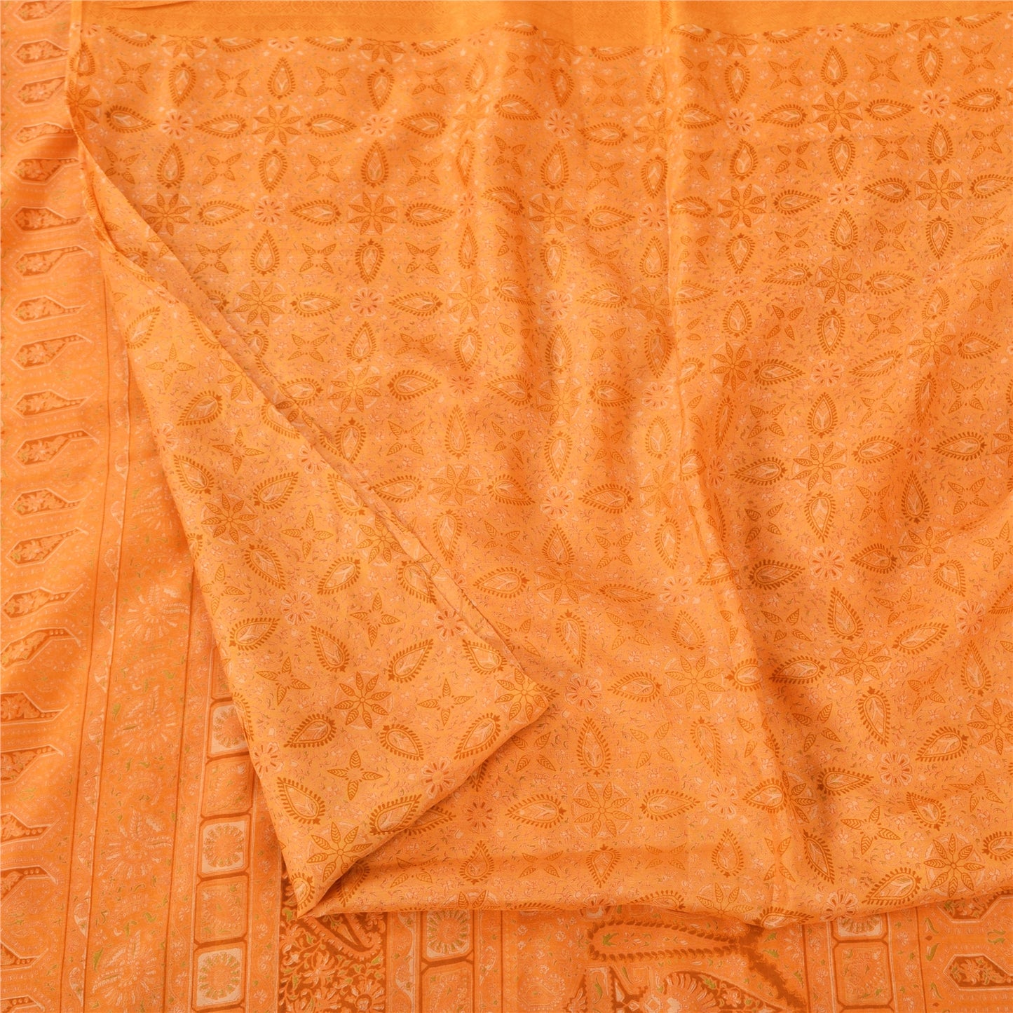 Sanskriti Vintage Sarees Indian Saffron Pure Silk Printed Sari 6yd Craft Fabric