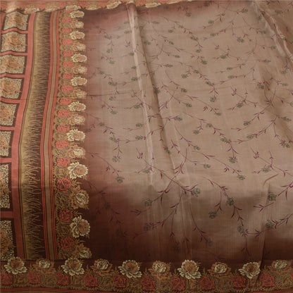 Sanskriti Vintage Sarees Brown Indian Pure Silk Printed Sari 6yd Craft Fabric