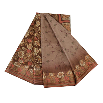 Sanskriti Vintage Sarees Brown Indian Pure Silk Printed Sari 6yd Craft Fabric