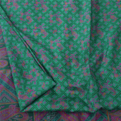 Sanskriti Vintage Sarees Green/Pink 100%Pure Silk Printed Sari 6yd Craft Fabric