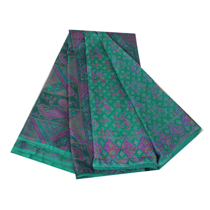 Sanskriti Vintage Sarees Green/Pink 100%Pure Silk Printed Sari 6yd Craft Fabric