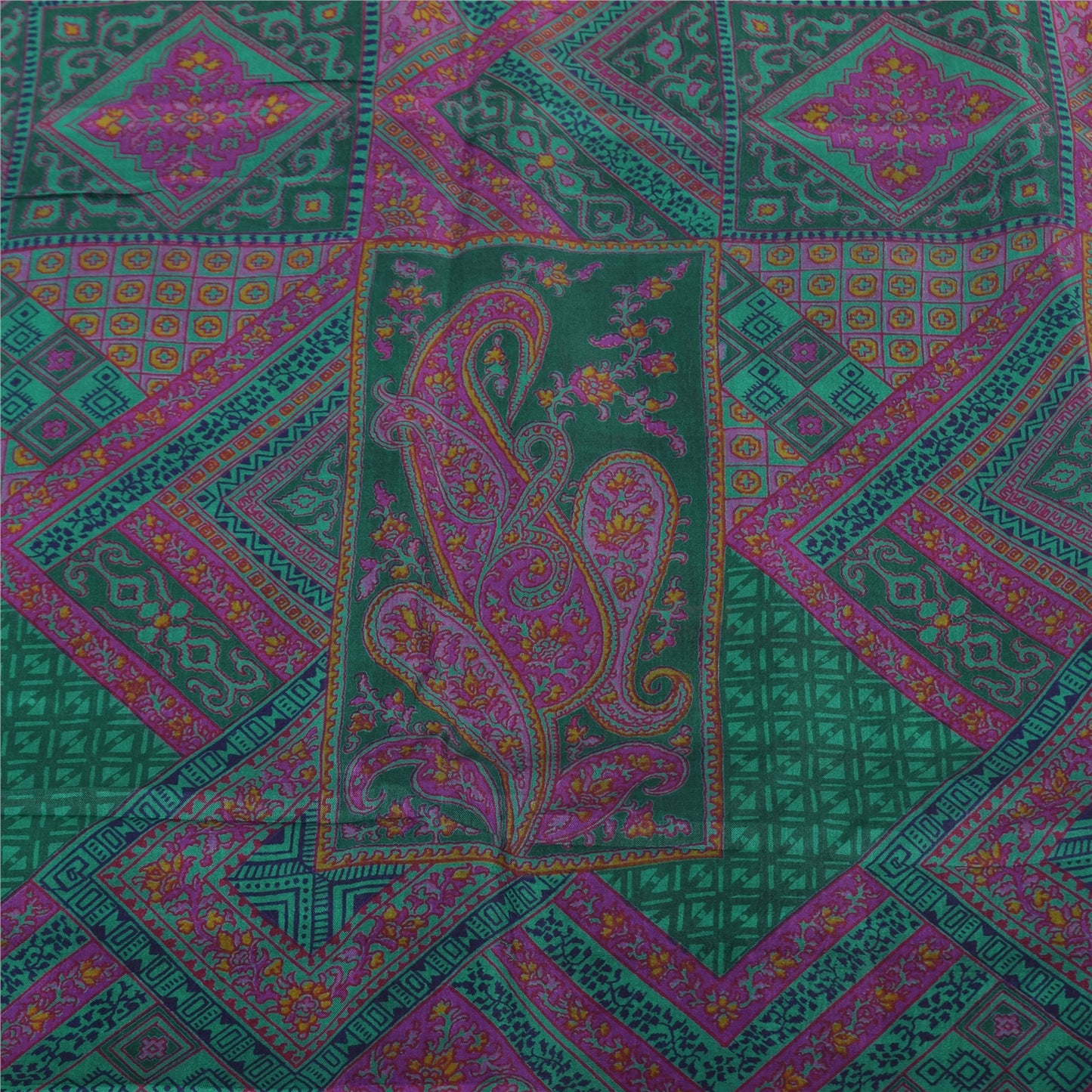 Sanskriti Vintage Sarees Green/Pink 100%Pure Silk Printed Sari 6yd Craft Fabric