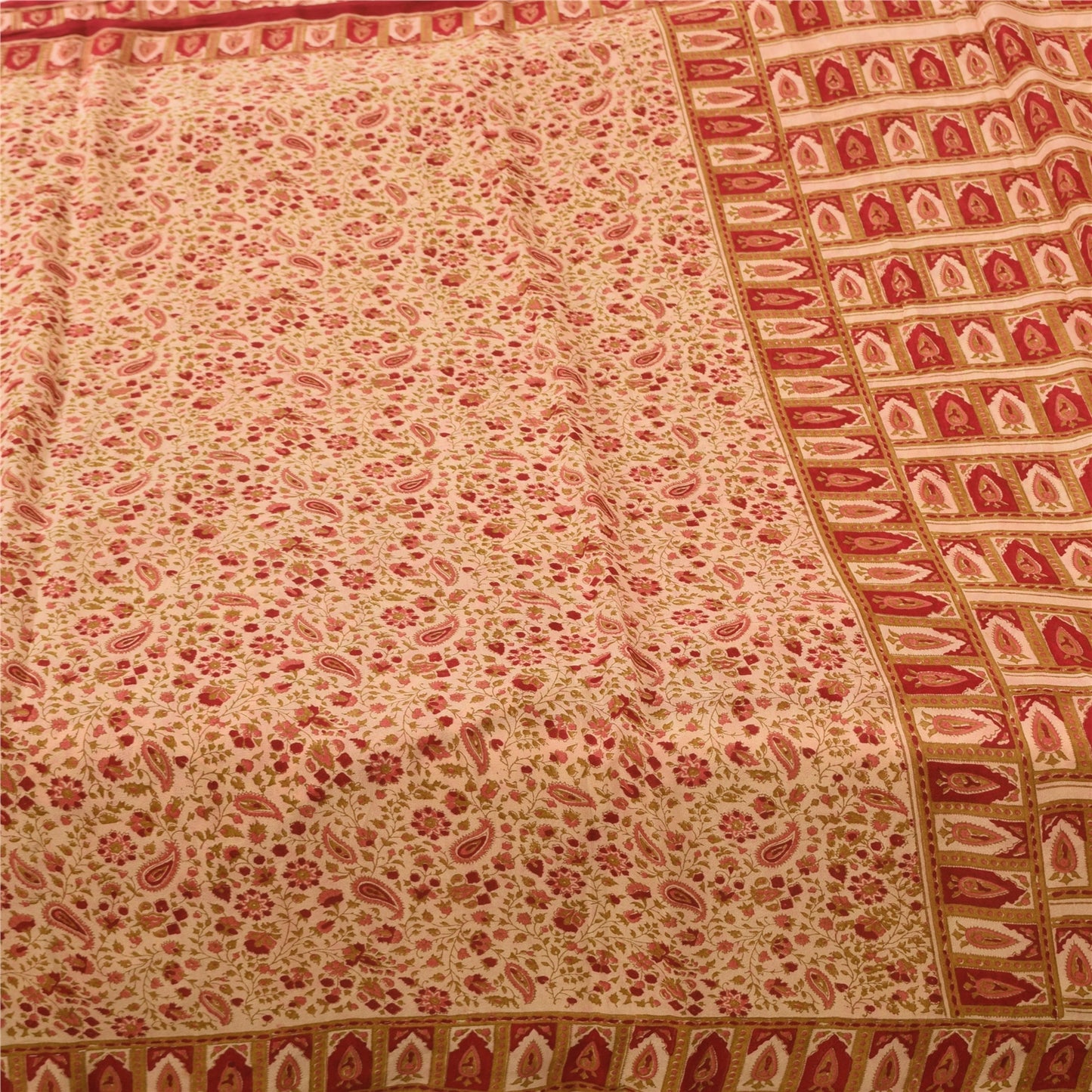 Sanskriti Vintage Sarees Peach/Red Pure Silk Printed Sari 5yd Craft Fabric