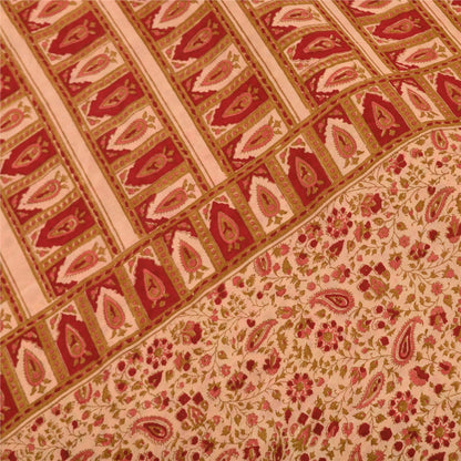 Sanskriti Vintage Sarees Peach/Red Pure Silk Printed Sari 5yd Craft Fabric