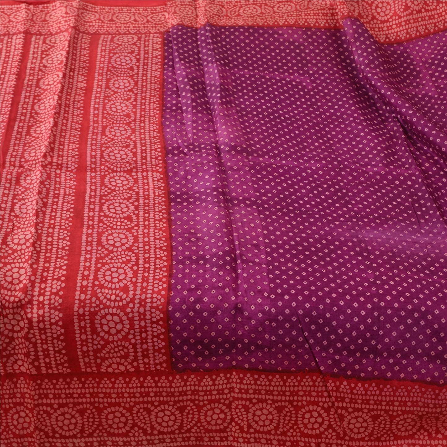 Sanskriti Vintage Sarees Purple/Red Bandhani Pure Silk Printed Sari Craft Fabric