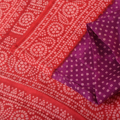 Sanskriti Vintage Sarees Purple/Red Bandhani Pure Silk Printed Sari Craft Fabric