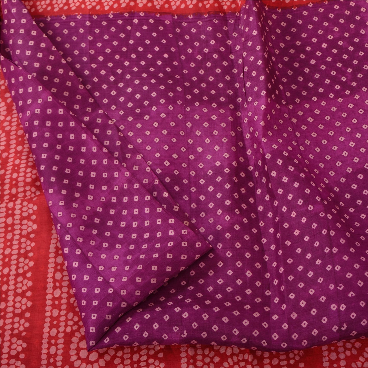 Sanskriti Vintage Sarees Purple/Red Bandhani Pure Silk Printed Sari Craft Fabric