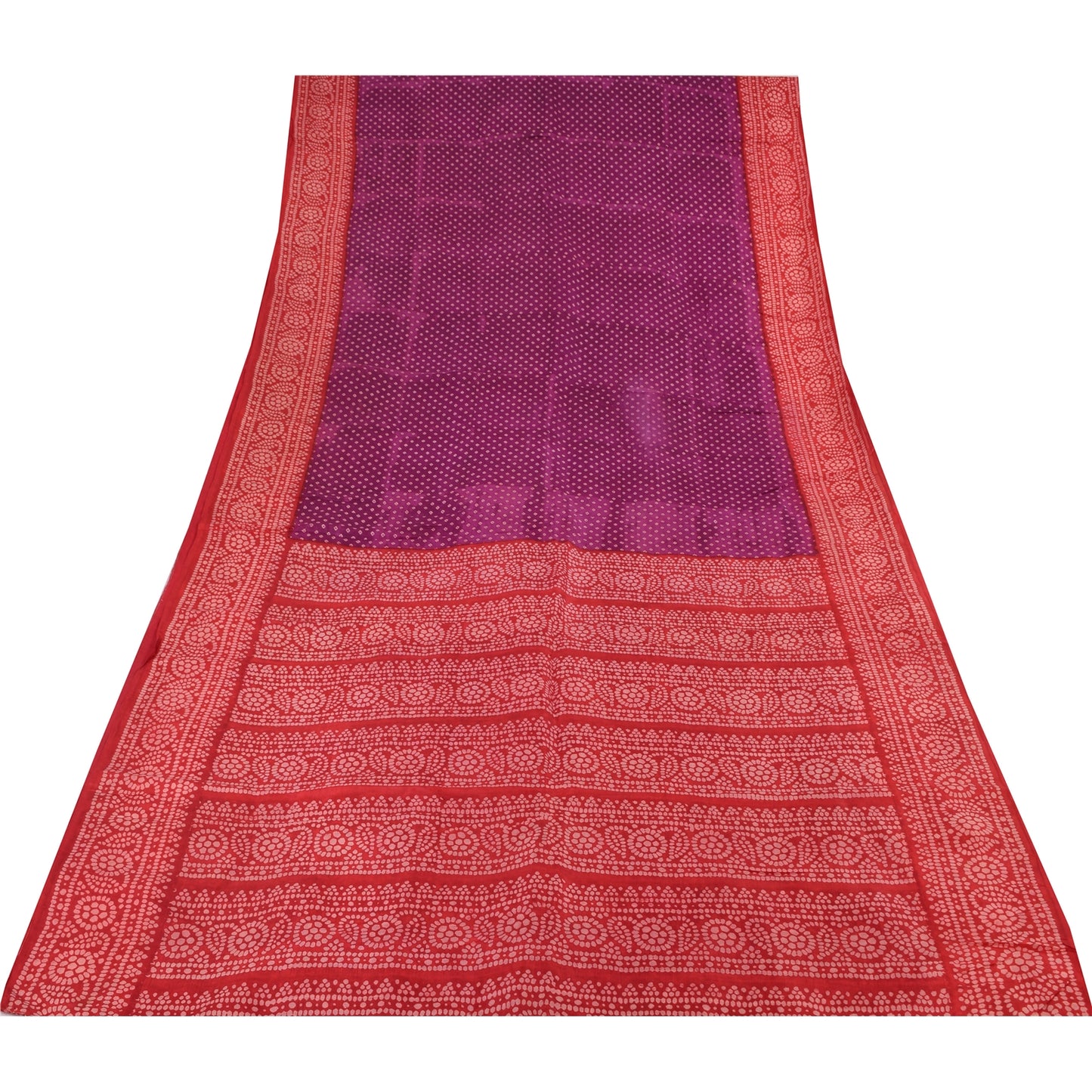 Sanskriti Vintage Sarees Purple/Red Bandhani Pure Silk Printed Sari Craft Fabric