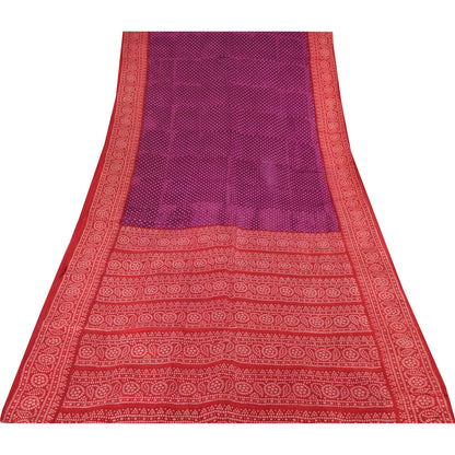 Sanskriti Vintage Sarees Purple/Red Bandhani Pure Silk Printed Sari Craft Fabric