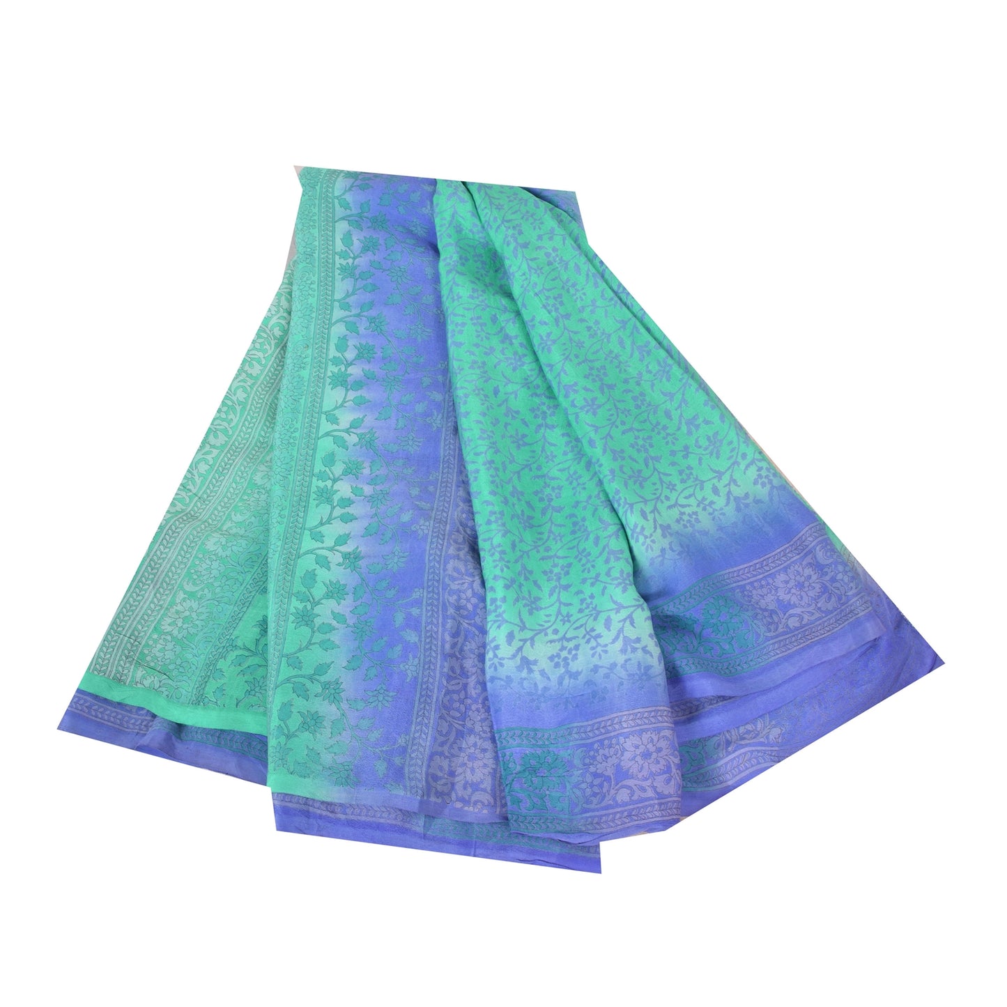 Sanskriti Vintage Sarees Green/Blue Pure Silk Printed Sari 6yd Craft Fabric