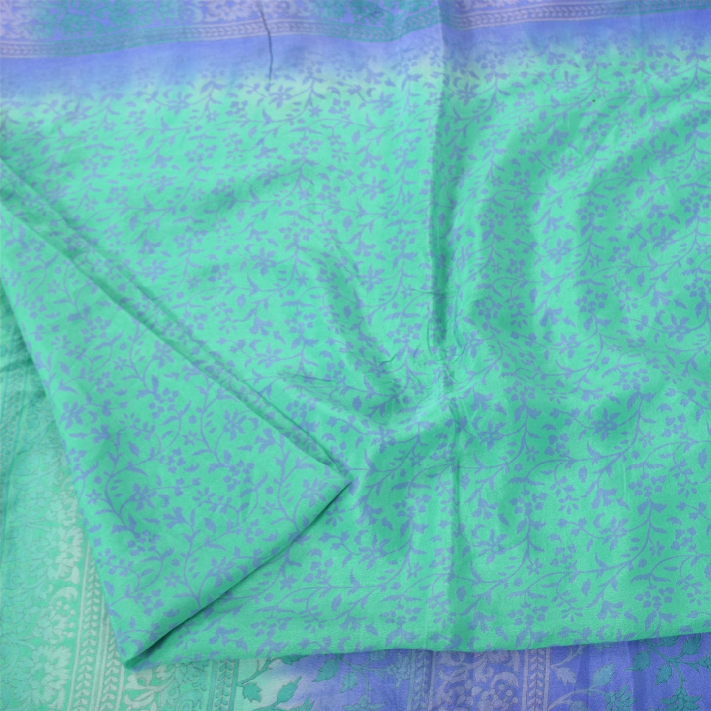 Sanskriti Vintage Sarees Green/Blue Pure Silk Printed Sari 6yd Craft Fabric