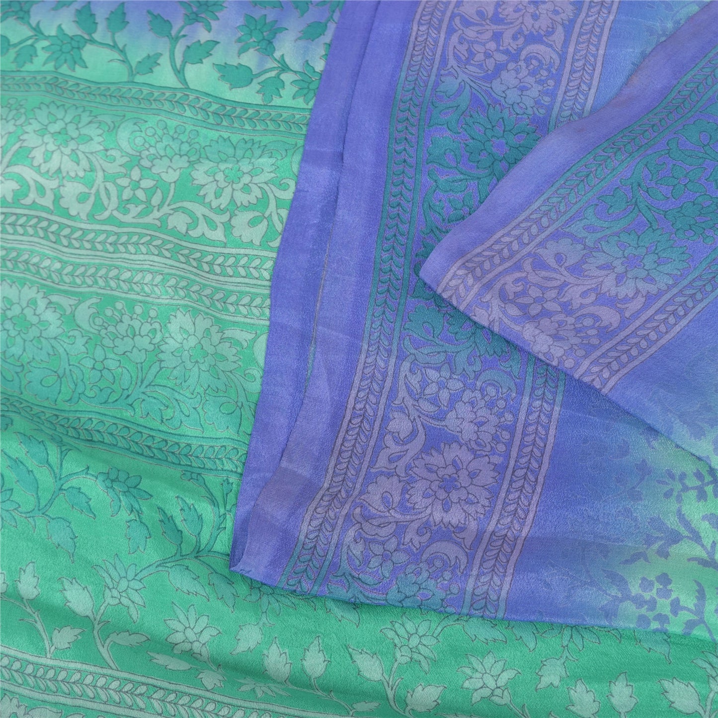 Sanskriti Vintage Sarees Green/Blue Pure Silk Printed Sari 6yd Craft Fabric