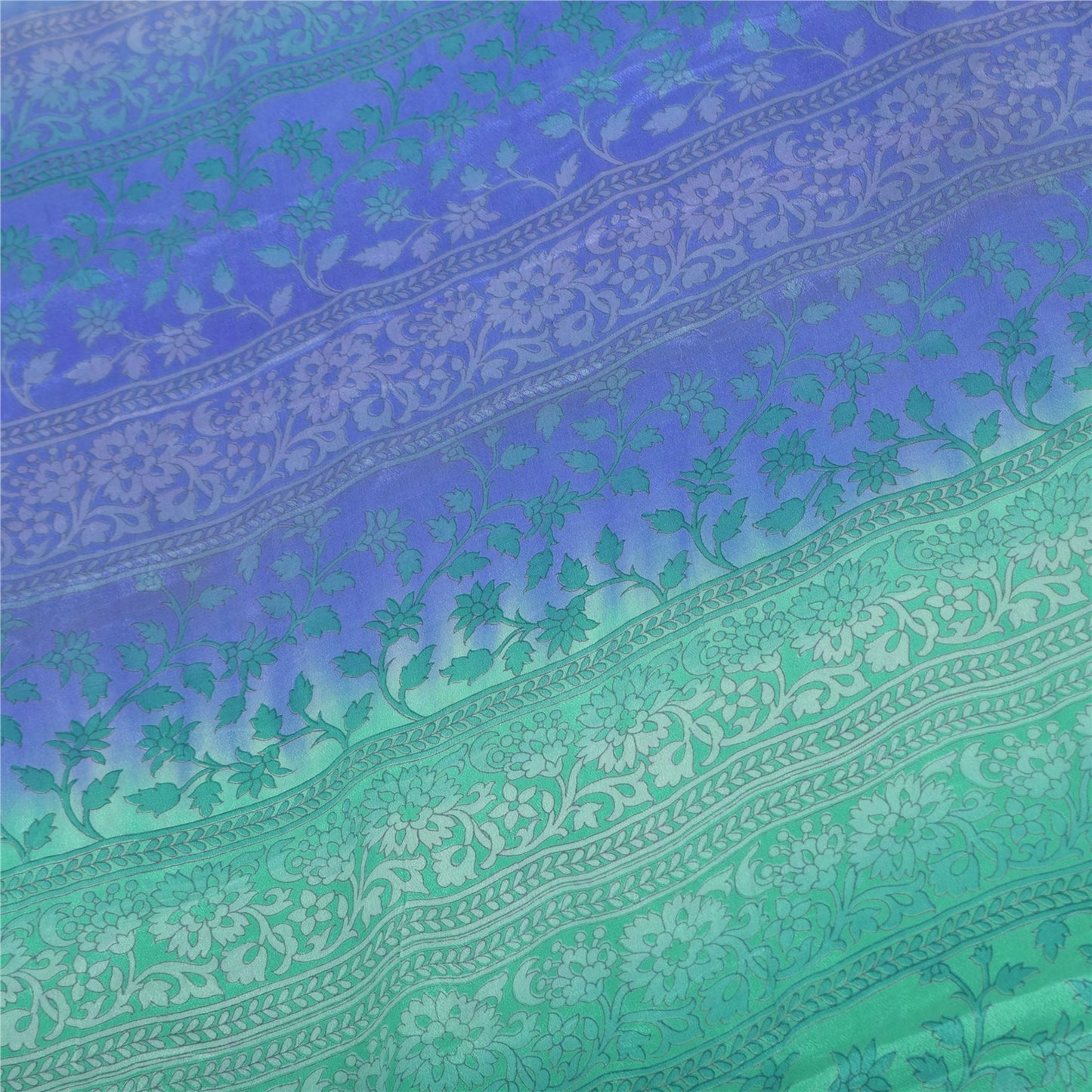 Sanskriti Vintage Sarees Green/Blue Pure Silk Printed Sari 6yd Craft Fabric