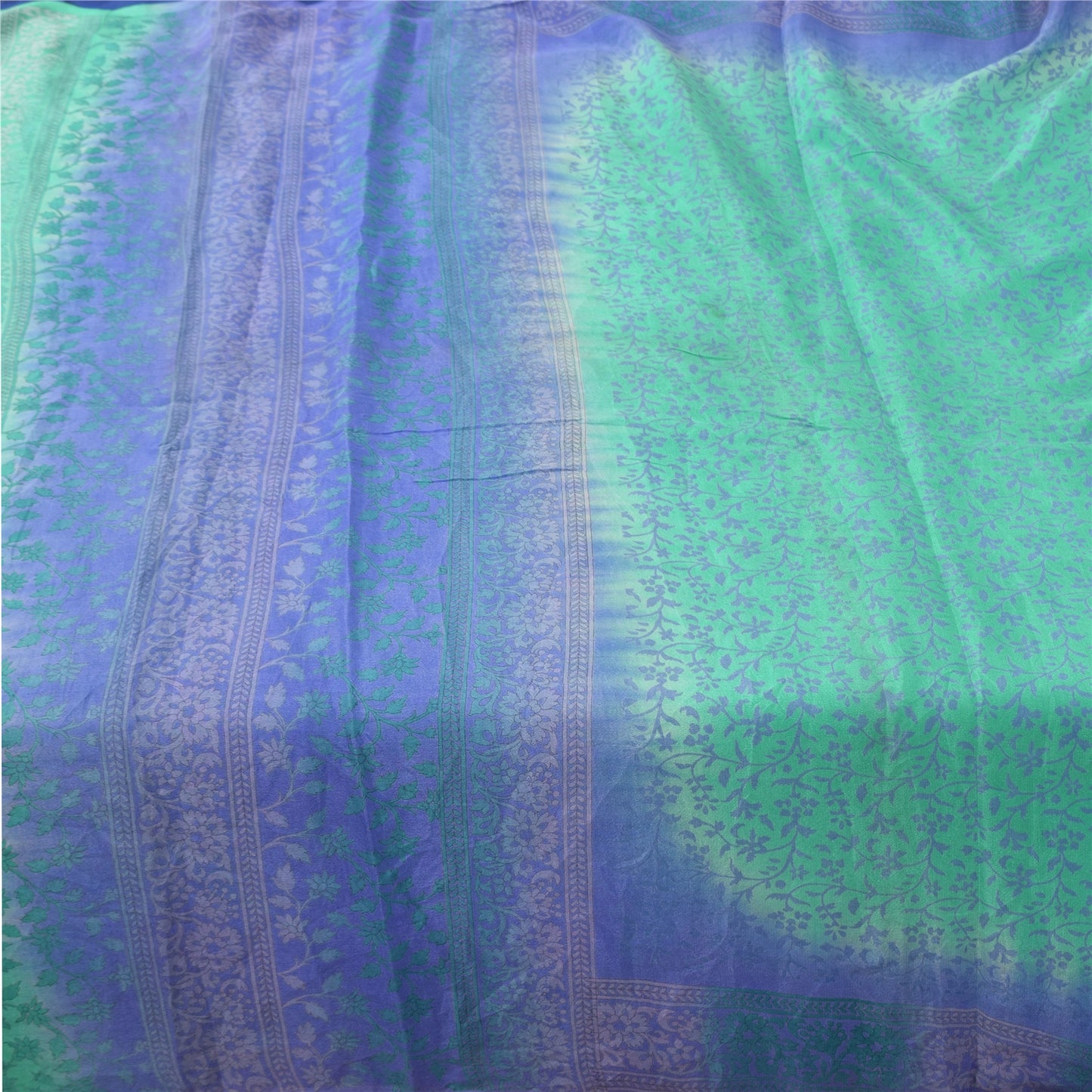 Sanskriti Vintage Sarees Green/Blue Pure Silk Printed Sari 6yd Craft Fabric