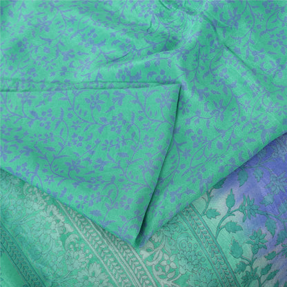 Sanskriti Vintage Sarees Green/Blue Pure Silk Printed Sari 6yd Craft Fabric