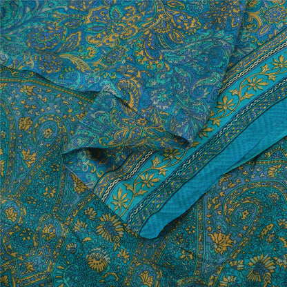 Sanskriti Vintage Sarees From India Blue Pure Silk Printed Sari 6yd Craft Fabric