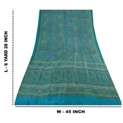 Sanskriti Vintage Sarees From India Blue Pure Silk Printed Sari 6yd Craft Fabric