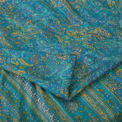 Sanskriti Vintage Sarees From India Blue Pure Silk Printed Sari 6yd Craft Fabric