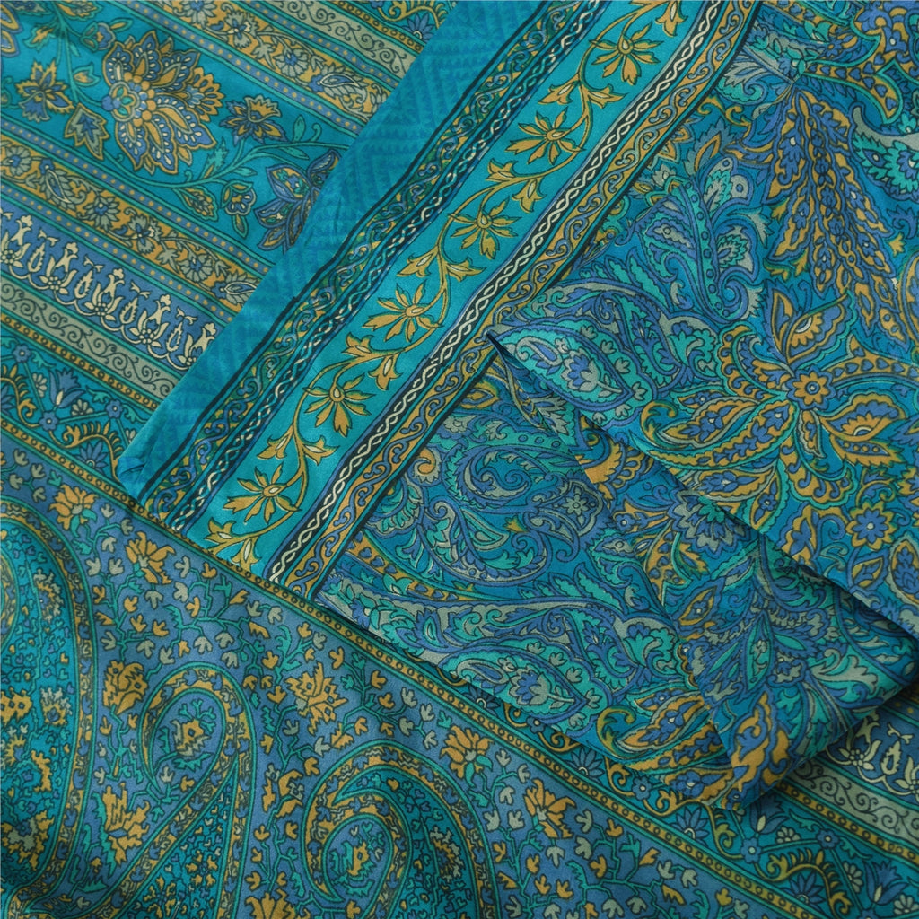 Sanskriti Vintage Sarees From India Blue Pure Silk Printed Sari 6yd Craft Fabric