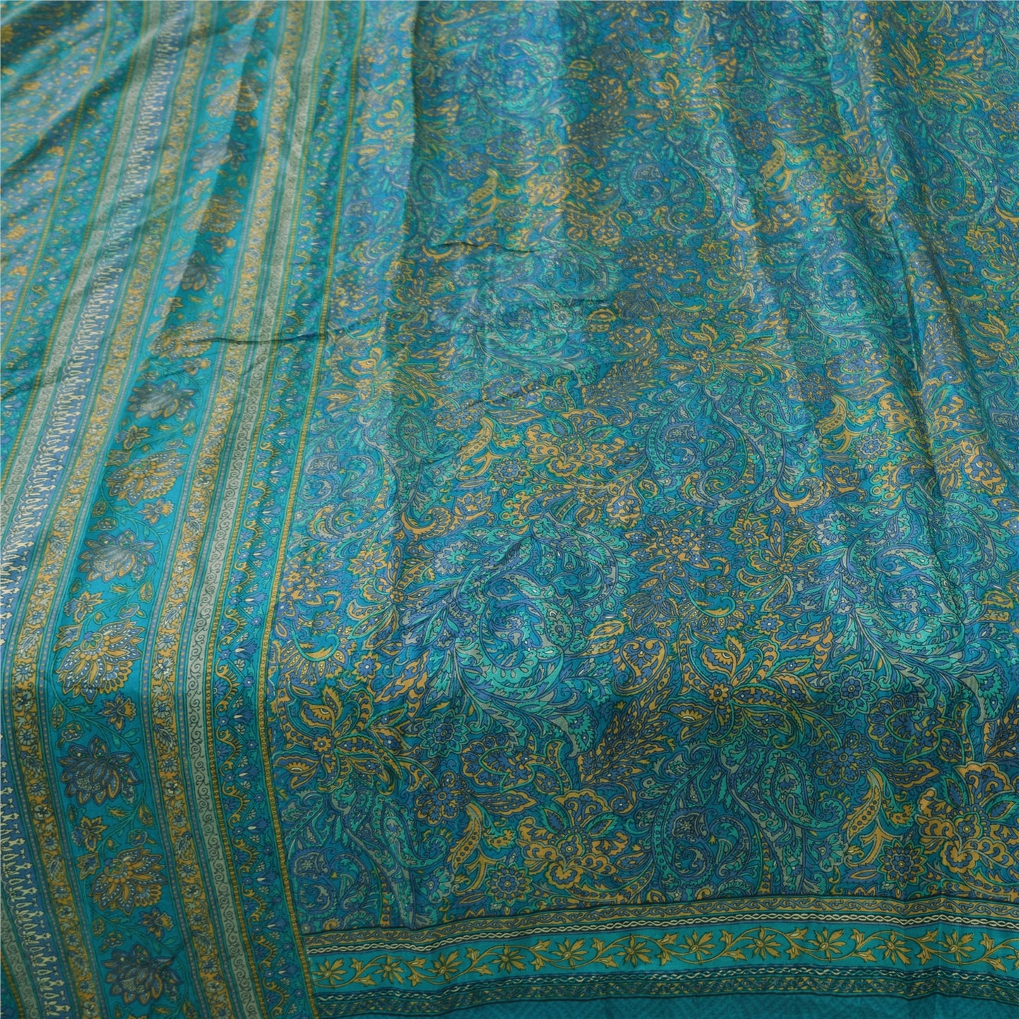 Sanskriti Vintage Sarees From India Blue Pure Silk Printed Sari 6yd Craft Fabric