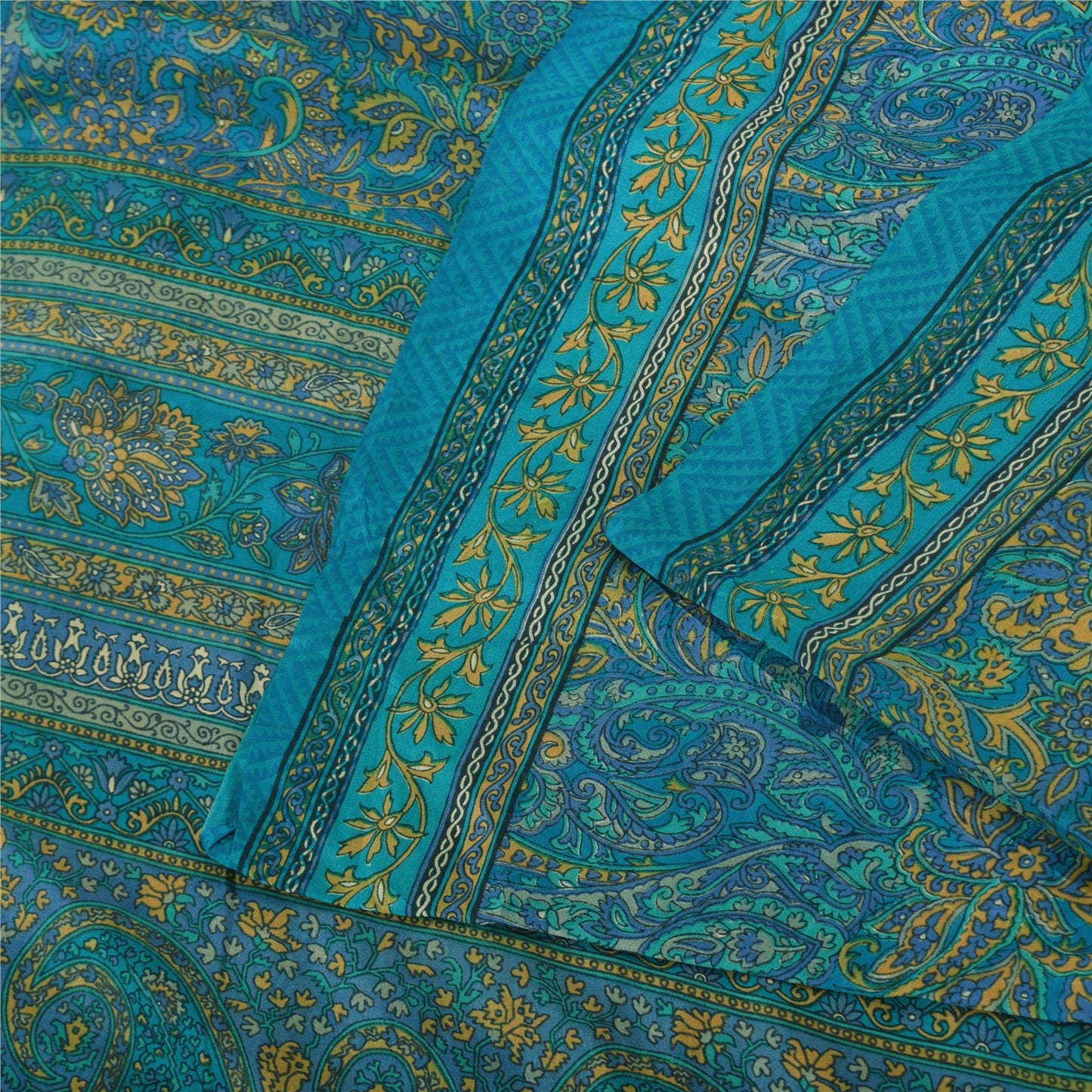 Sanskriti Vintage Sarees From India Blue Pure Silk Printed Sari 6yd Craft Fabric