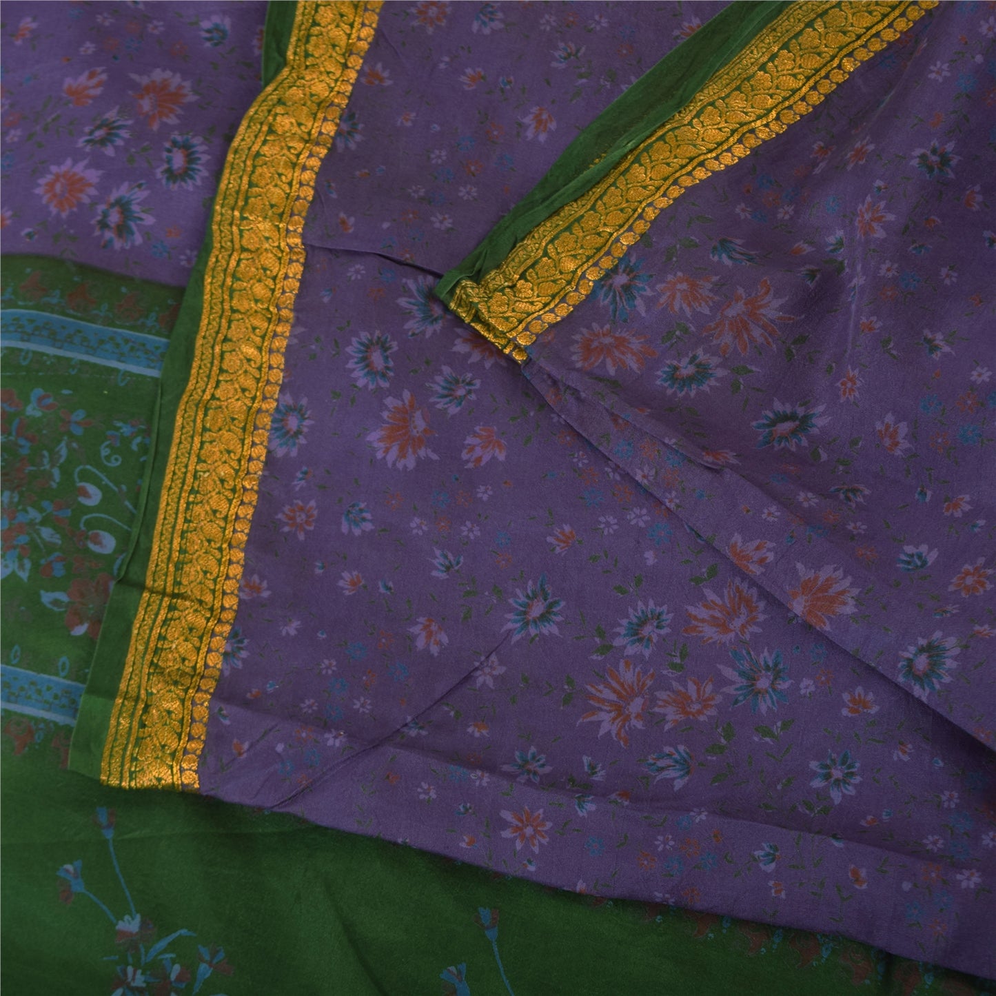 Sanskriti Vintage Sarees Purple Zari Border Pure Silk Printed Sari Craft Fabric