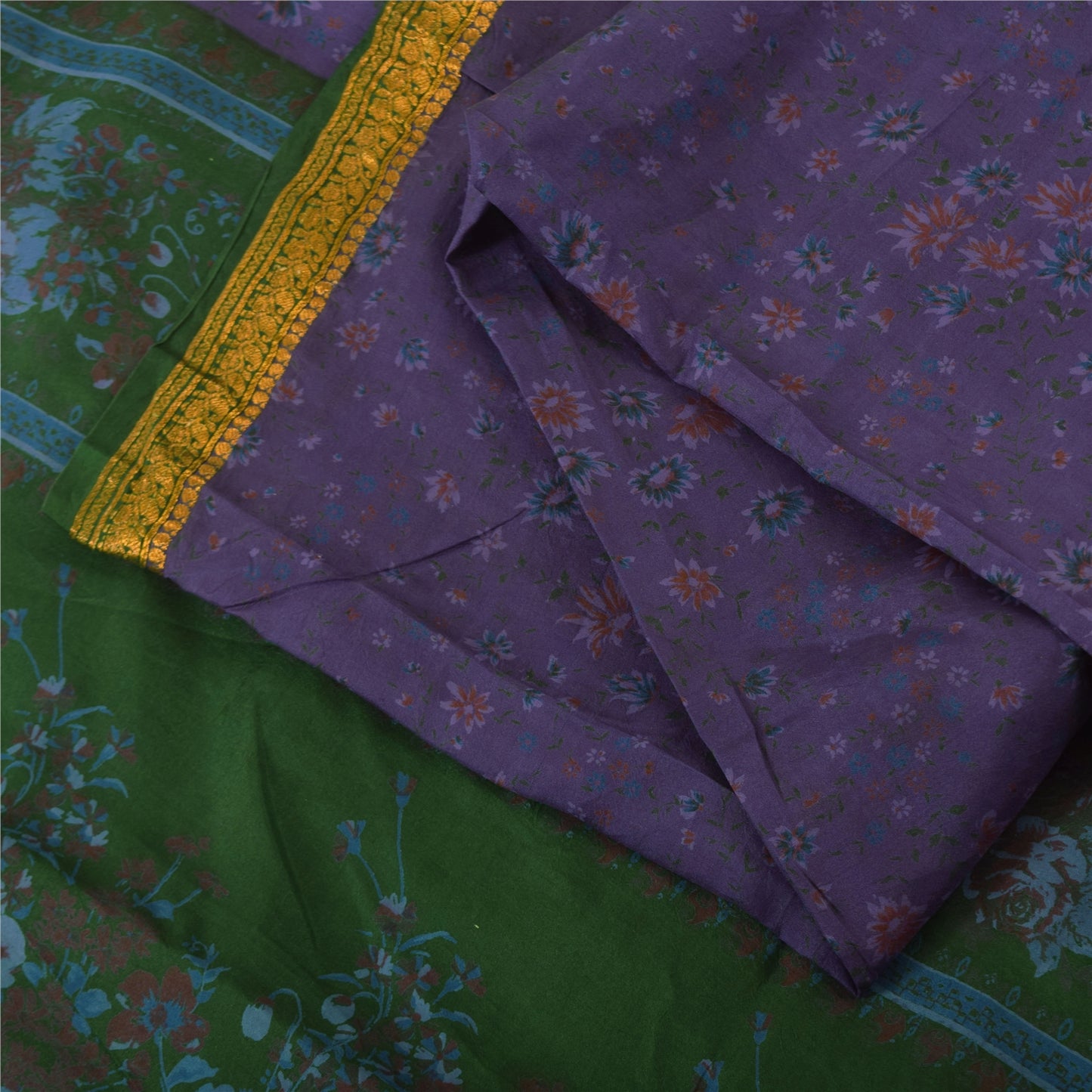 Sanskriti Vintage Sarees Purple Zari Border Pure Silk Printed Sari Craft Fabric