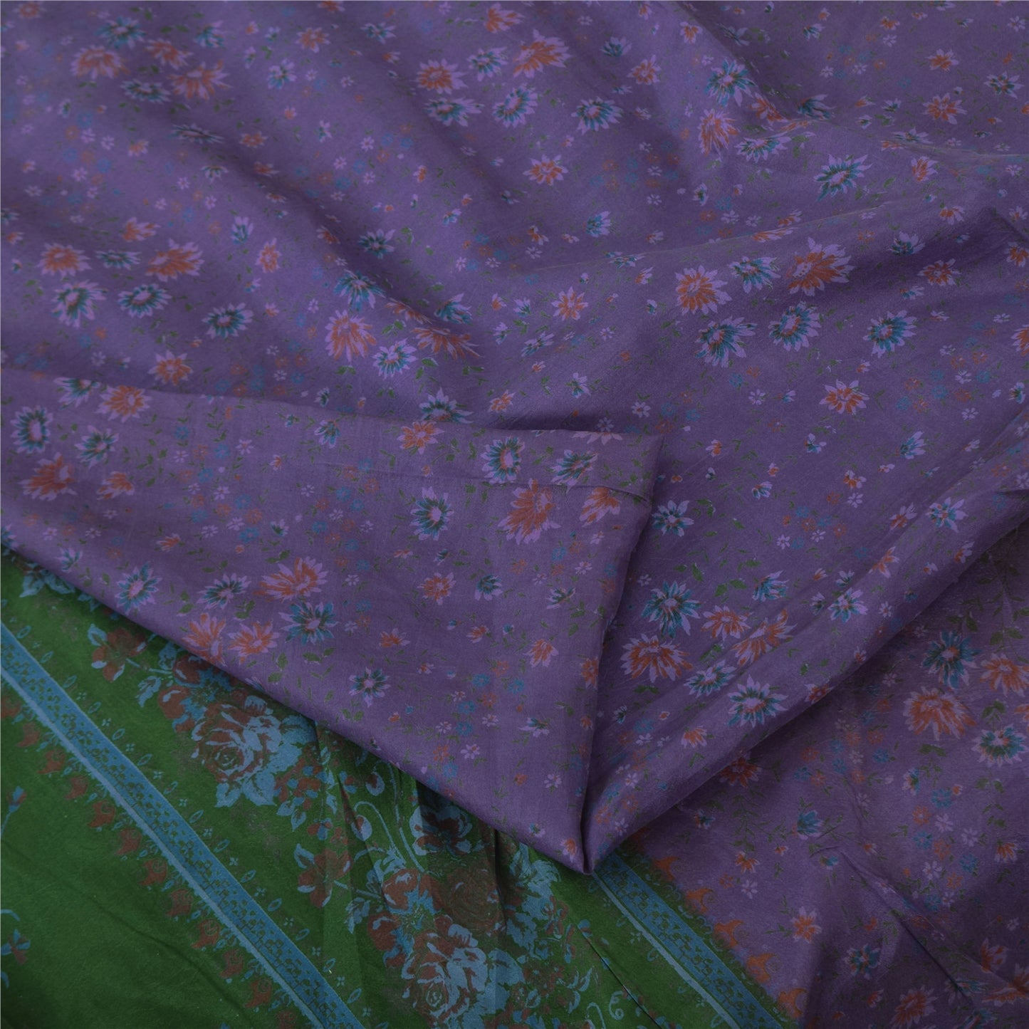 Sanskriti Vintage Sarees Purple Zari Border Pure Silk Printed Sari Craft Fabric