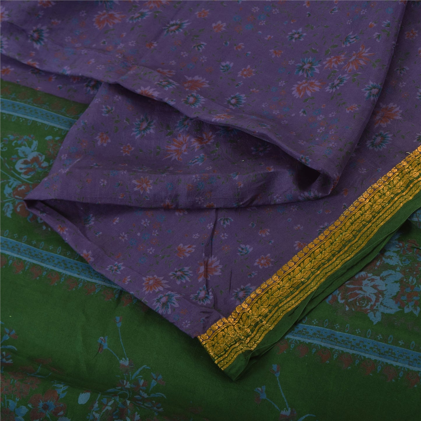 Sanskriti Vintage Sarees Purple Zari Border Pure Silk Printed Sari Craft Fabric