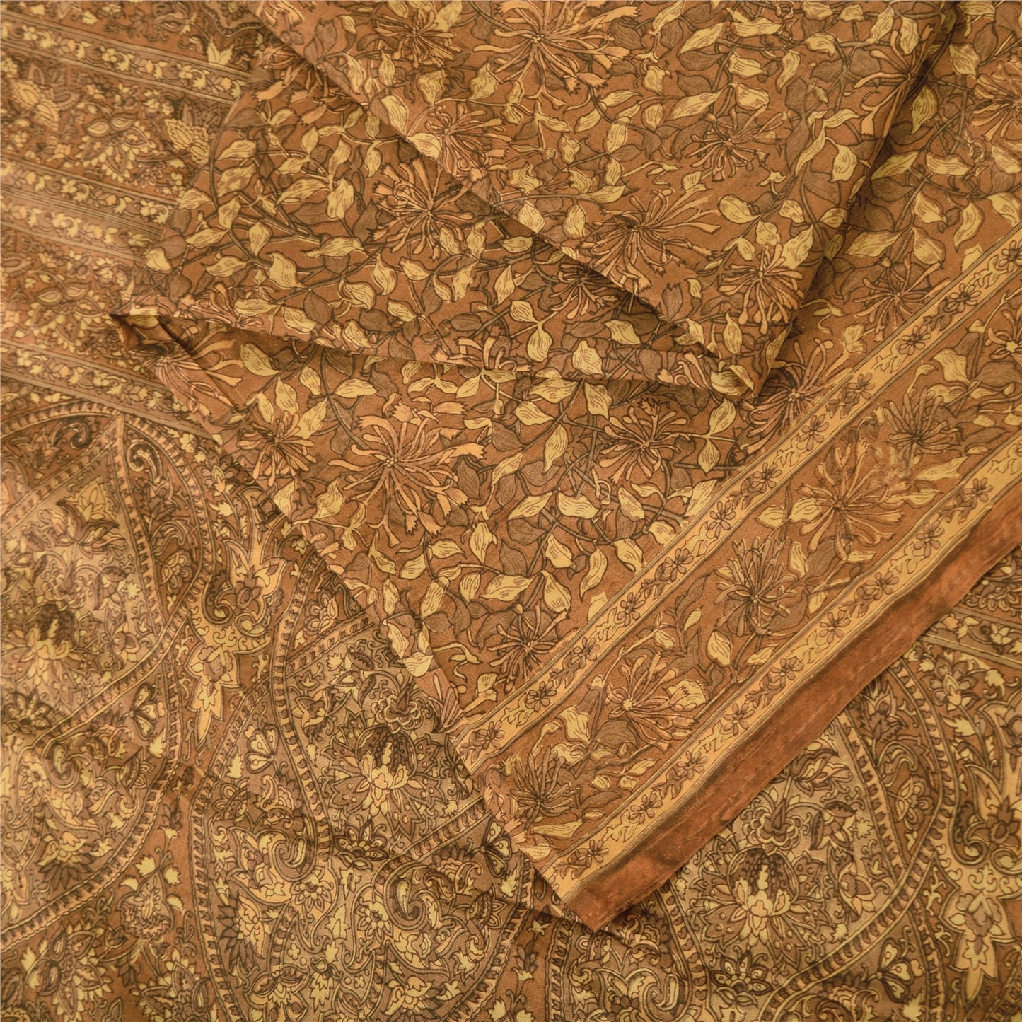 Sanskriti Vintage Sarees Brown Indian Pure Silk Printed Sari 5yd Craft Fabric