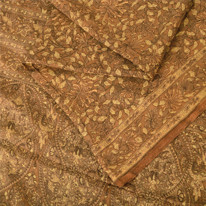 Sanskriti Vintage Sarees Brown Indian Pure Silk Printed Sari 5yd Craft Fabric