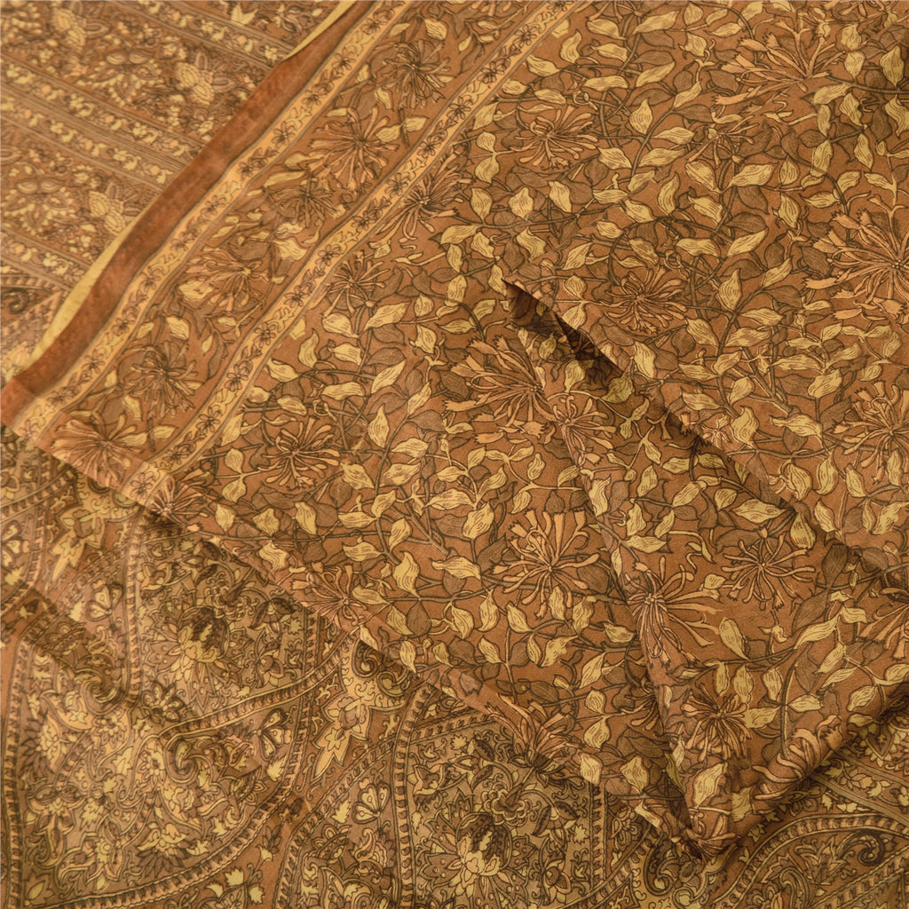 Sanskriti Vintage Sarees Brown Indian Pure Silk Printed Sari 5yd Craft Fabric