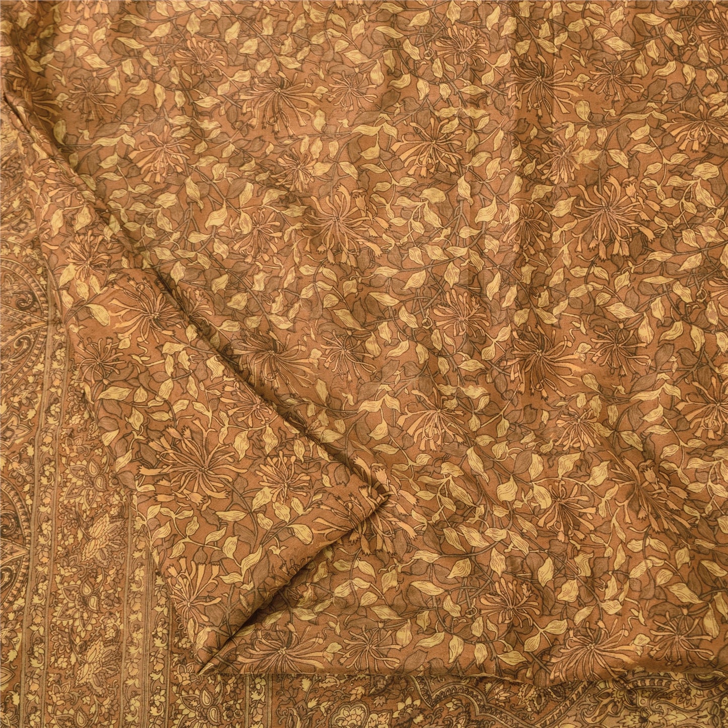 Sanskriti Vintage Sarees Brown Indian Pure Silk Printed Sari 5yd Craft Fabric