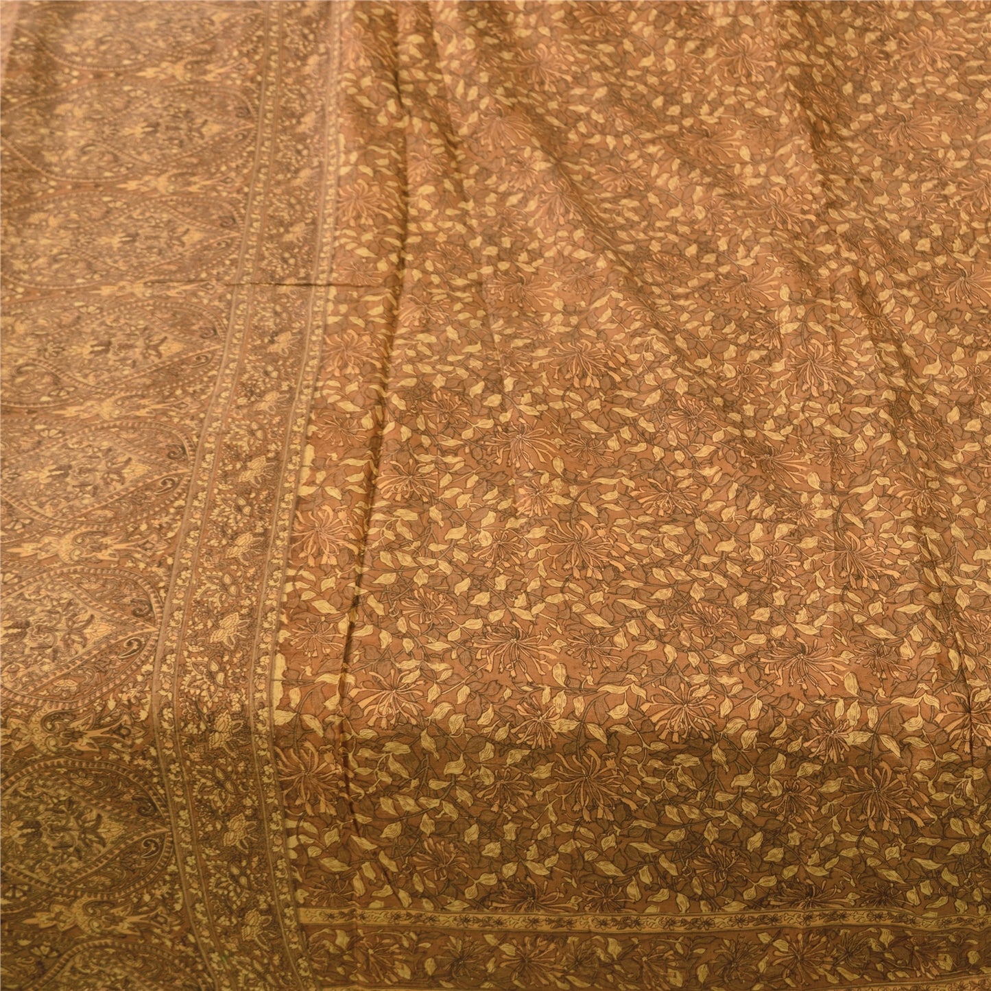 Sanskriti Vintage Sarees Brown Indian Pure Silk Printed Sari 5yd Craft Fabric