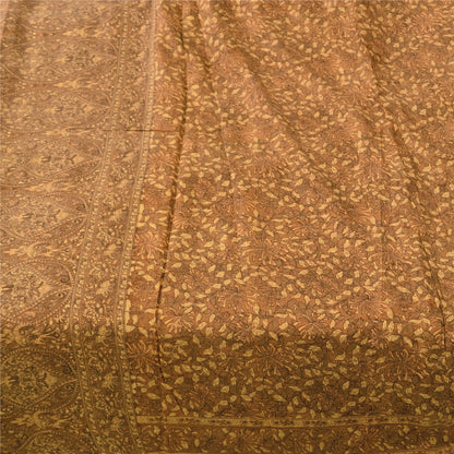 Sanskriti Vintage Sarees Brown Indian Pure Silk Printed Sari 5yd Craft Fabric