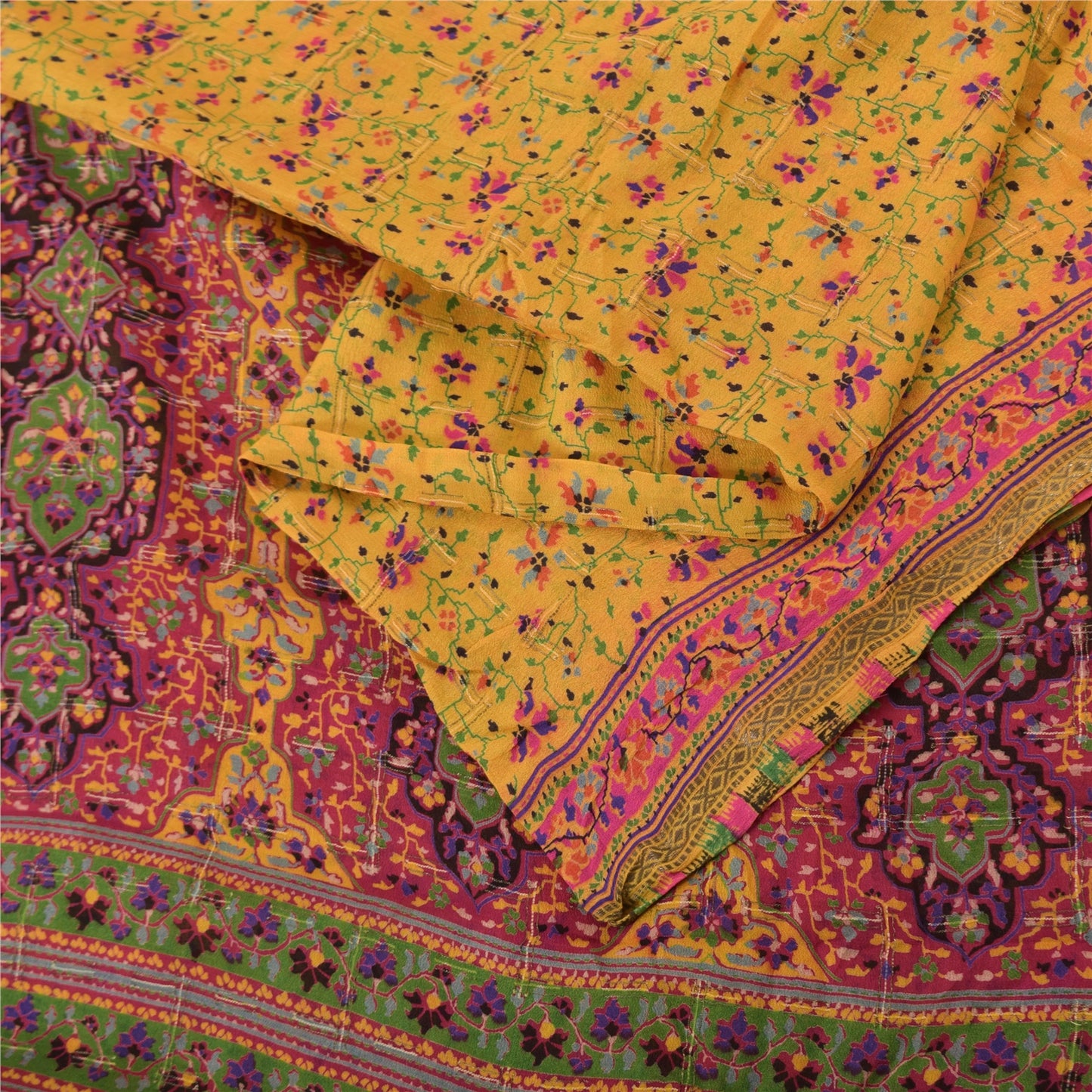 Sanskriti Vintage Sarees Yellow & Pink Pure Silk Printed Sari 5yd Craft Fabric