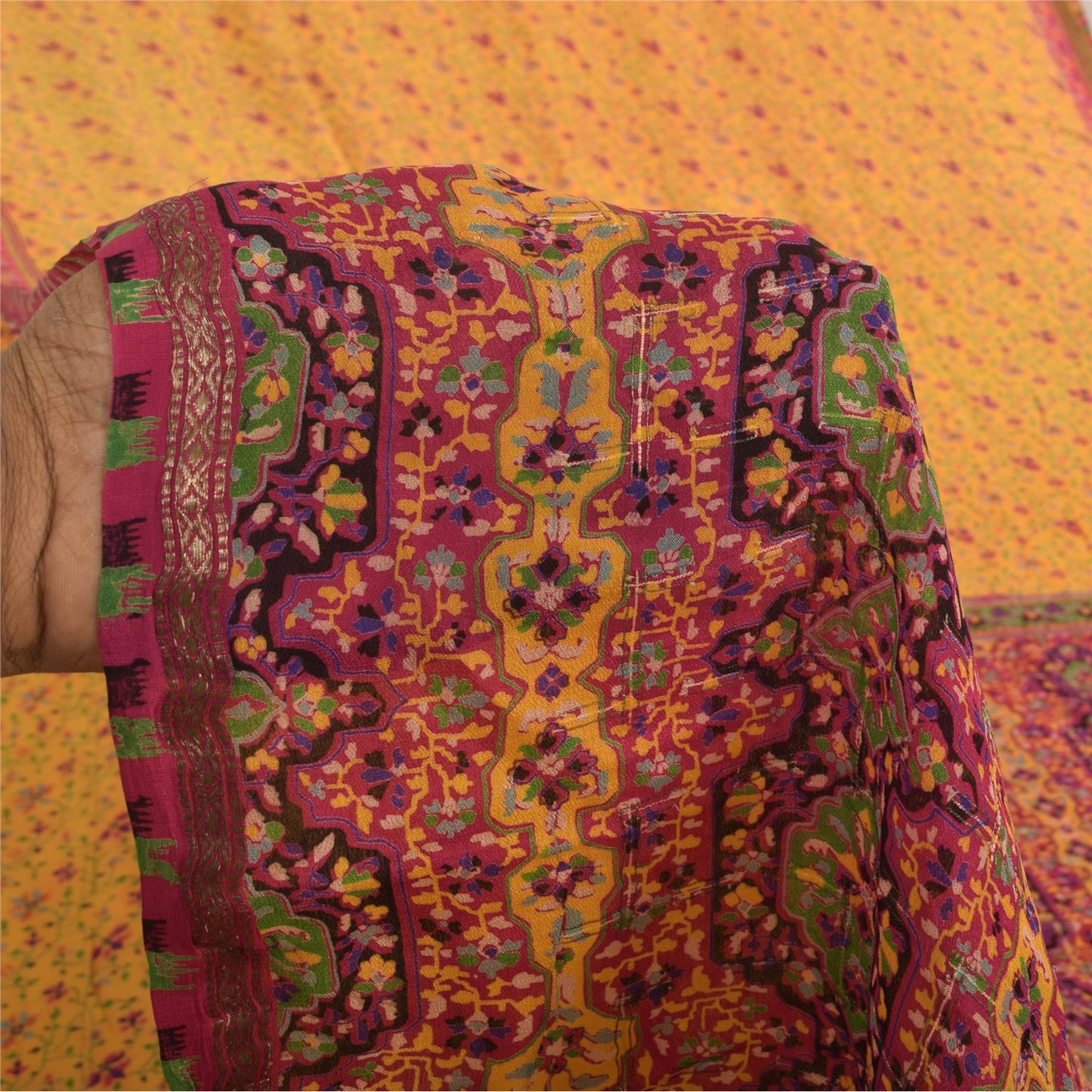 Sanskriti Vintage Sarees Yellow & Pink Pure Silk Printed Sari 5yd Craft Fabric