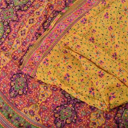 Sanskriti Vintage Sarees Yellow & Pink Pure Silk Printed Sari 5yd Craft Fabric