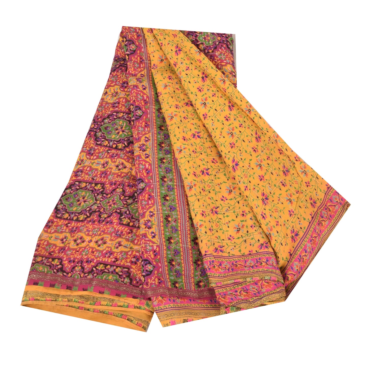 Sanskriti Vintage Sarees Yellow & Pink Pure Silk Printed Sari 5yd Craft Fabric