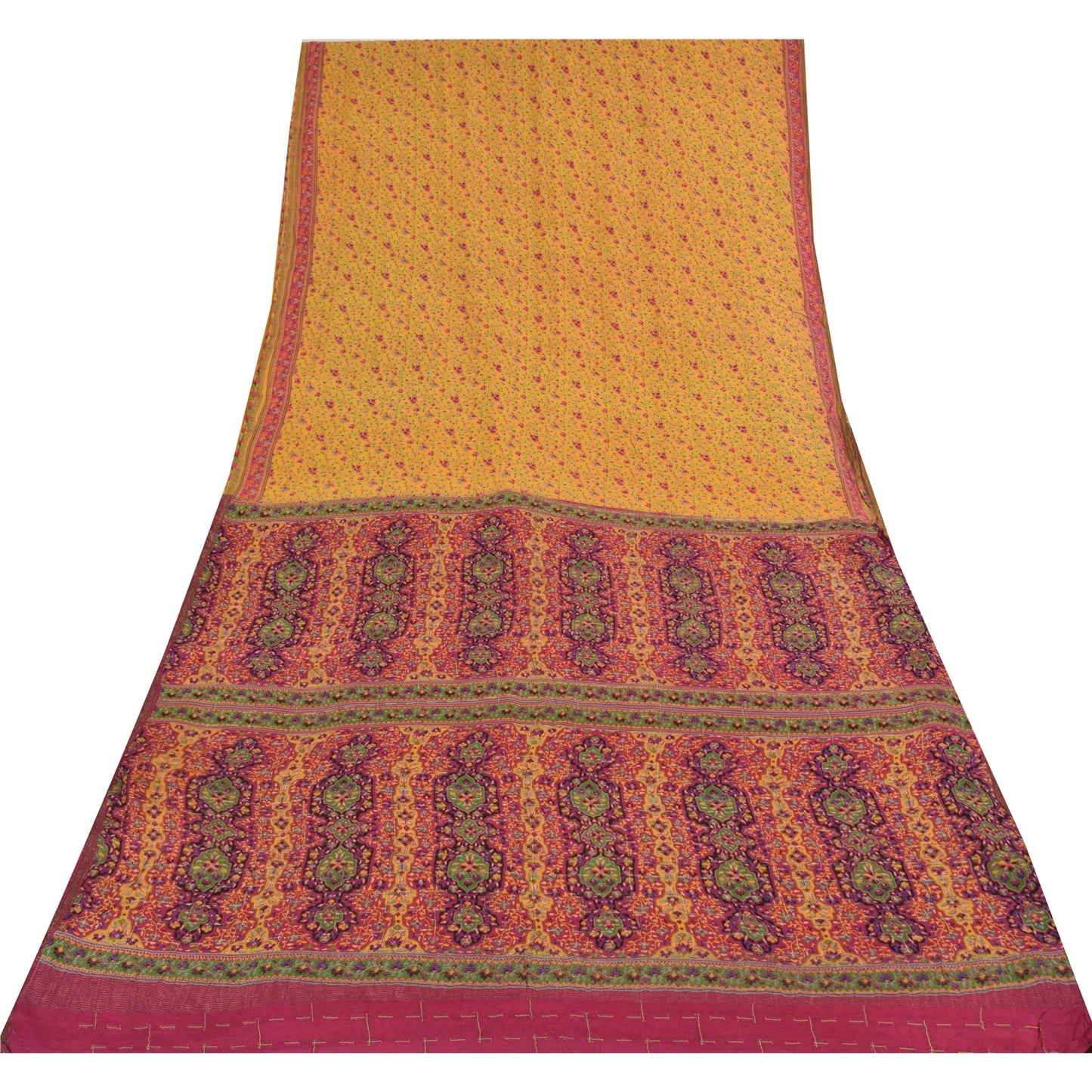 Sanskriti Vintage Sarees Yellow & Pink Pure Silk Printed Sari 5yd Craft Fabric