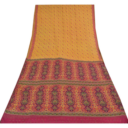 Sanskriti Vintage Sarees Yellow & Pink Pure Silk Printed Sari 5yd Craft Fabric