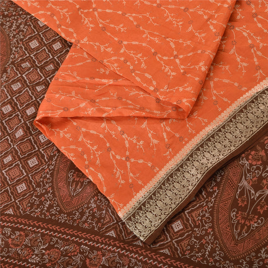 Sanskriti Vintage Sarees Orange/Brown Pure Silk Printed Sari 5yd Craft Fabric