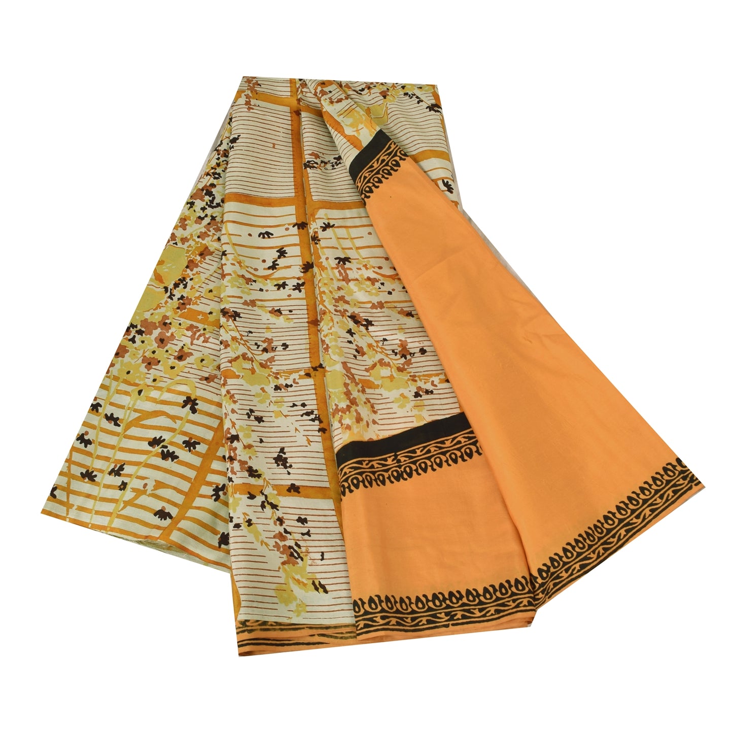 Sanskriti Vintage Sarees Orange/Ivory Pure Silk Printed Sari 5yd Craft Fabric