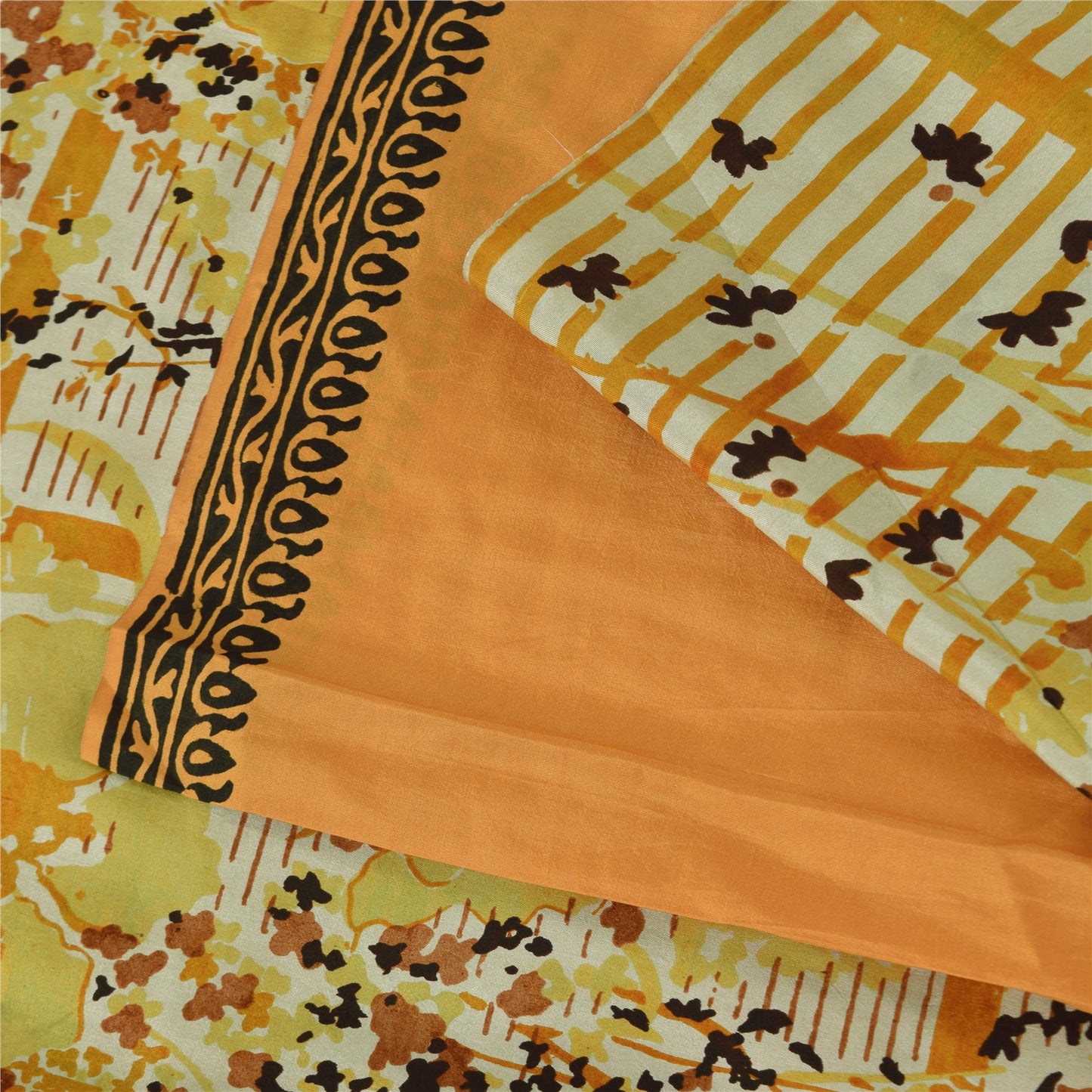 Sanskriti Vintage Sarees Orange/Ivory Pure Silk Printed Sari 5yd Craft Fabric