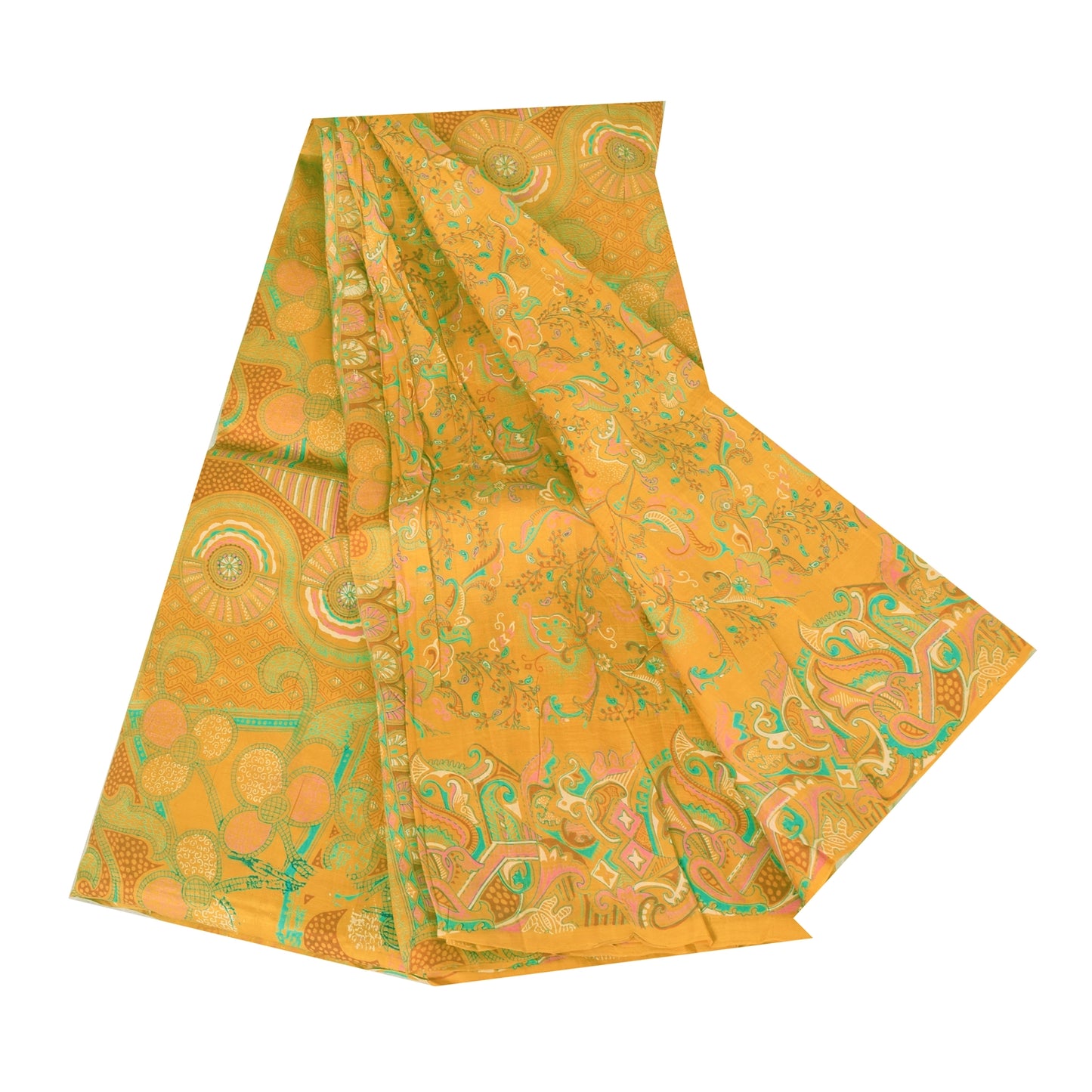 Sanskriti Vintage Sarees Yellow 100% Pure Silk Printed Sari 5yd Craft Fabric