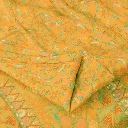 Sanskriti Vintage Sarees Yellow 100% Pure Silk Printed Sari 5yd Craft Fabric