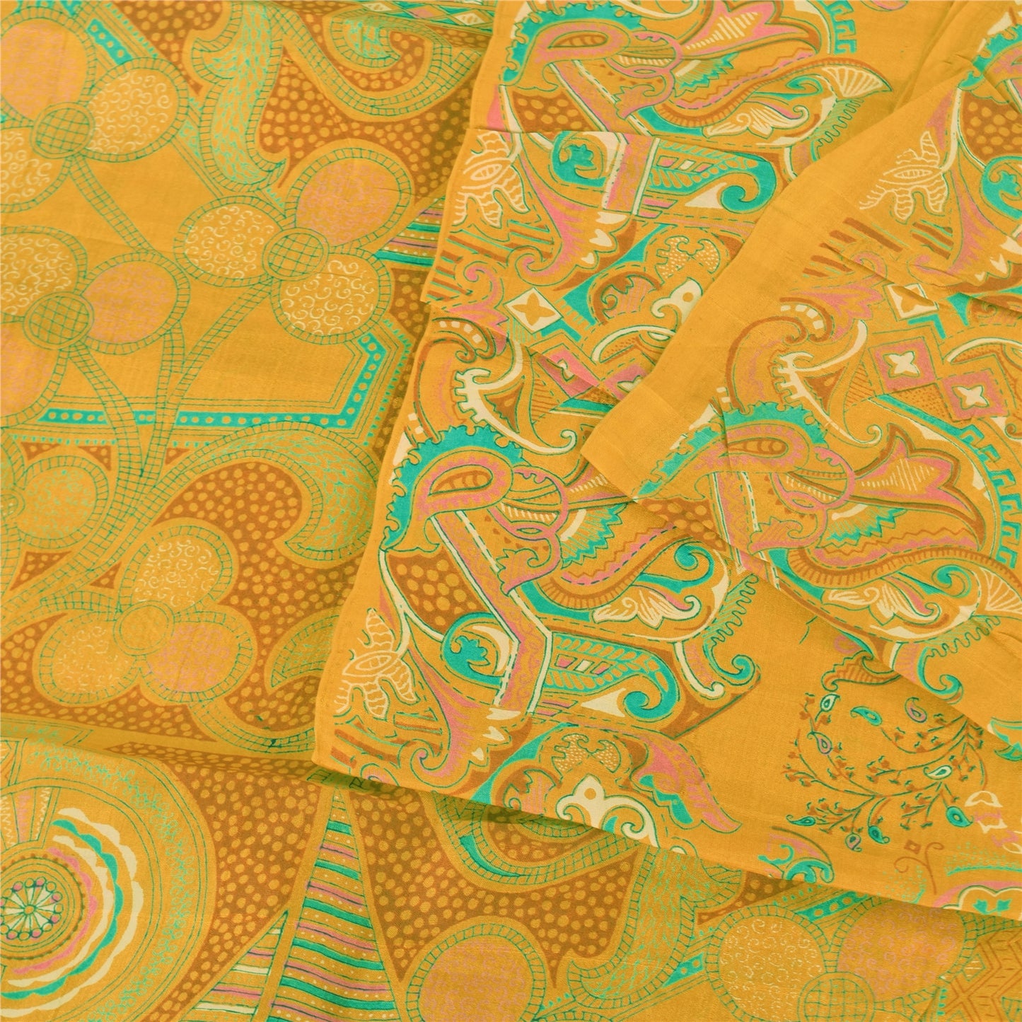 Sanskriti Vintage Sarees Yellow 100% Pure Silk Printed Sari 5yd Craft Fabric